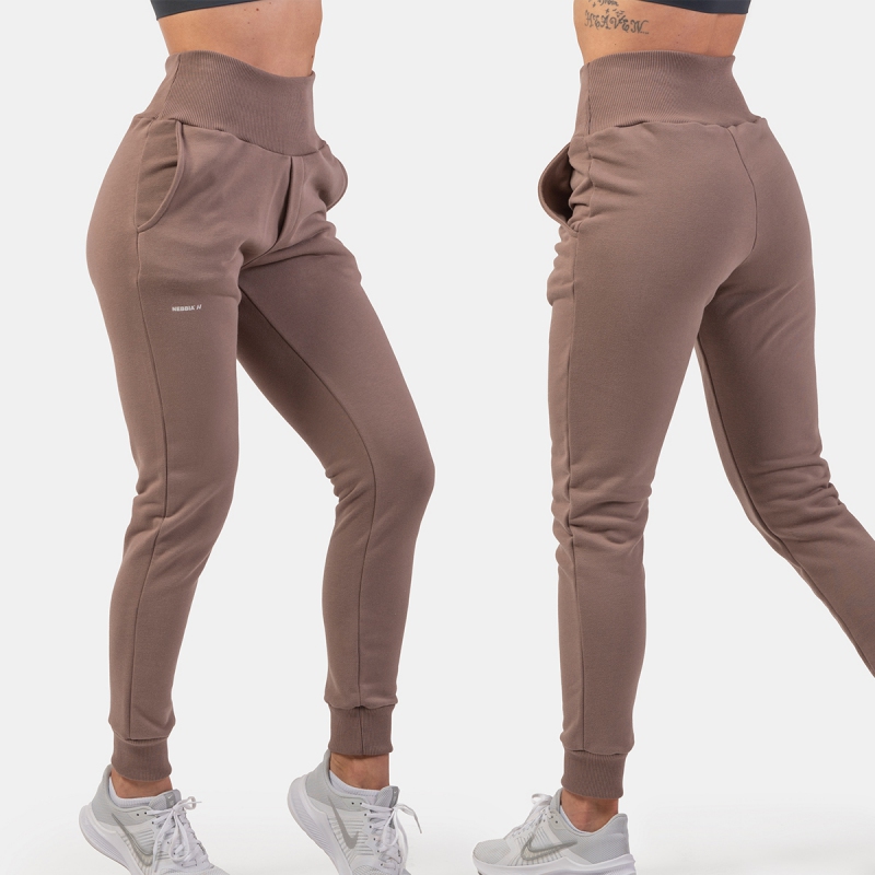 NEBBIA - Dámské kalhoty s vysokým pasem 409 (brown)