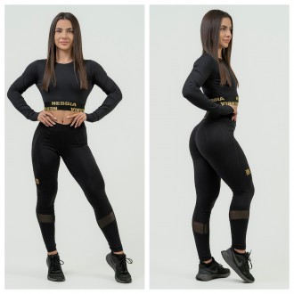 NEBBIA - Crop top s dlouhým rukávem na cvičení 839 (black-gold)