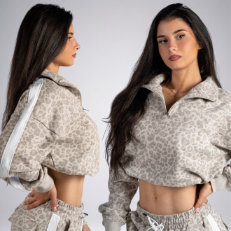 NEBBIA - Half-zip mikina s leopardím vzorem PRIMAL 866 (CREAM LEOPARD)